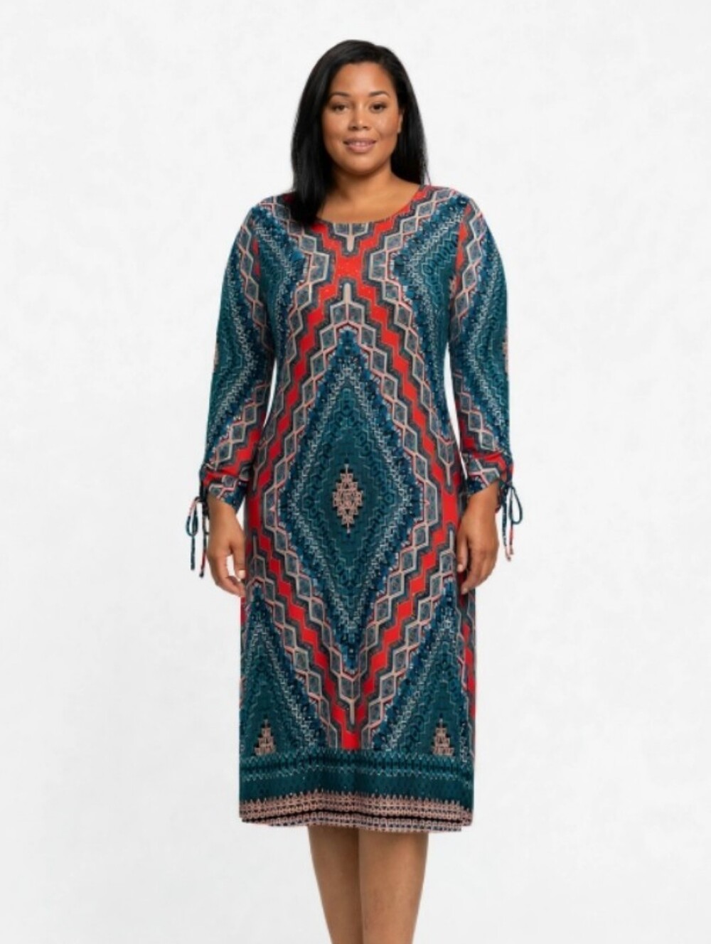 New Directions Curvy Teal and Coral Geo-Print Maxi Dress Rhinestones 1X